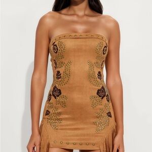Fashion Noxa Faux Suede Dianna Embroidered Strapless Tan Dress